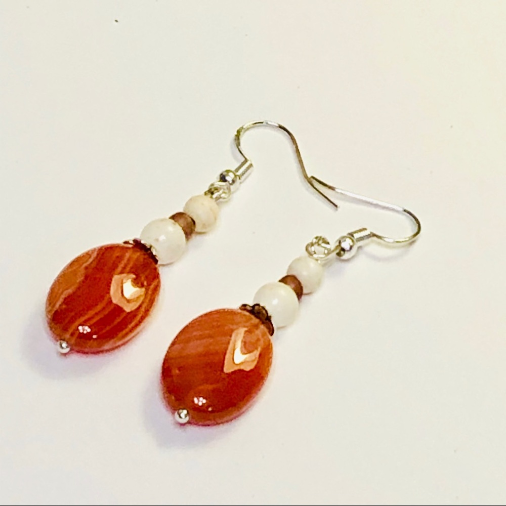 JK Designs Orange Brown Sardonyx & Howlite Earrings - Picture 4 of 5